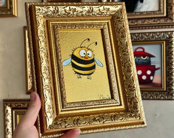 Framed Bumblebee Oil Painting, Gold Leaf Miniature Wall Art, Bookshelf Decor