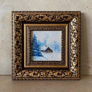 Pintura al óleo navideña, paisaje invernal, arte original, arte mural de bosque invernal, casa rústica nevada de mal humor, árbol de Navidad, regalo de Navidad,