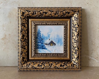 Original Christmas Oil Painting: Winter Forest, Snowy House