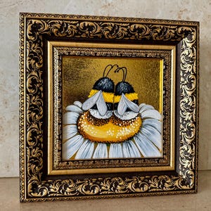 Framed Bee Painting: Miniature Floral Art with Gold Leaf
