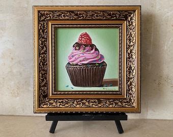 Mini Cupcake Oil Painting: Dessert Still Life, Bakery Art