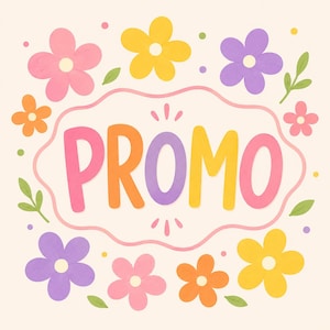 Peut inclure: Une illustration graphique présentant le mot PROMO en grandes lettres arrondies et colorées, centrées dans une bordure rose ondulée. Le design est entouré de diverses fleurs dessinées à la main dans des tons de rose, jaune, orange et violet.