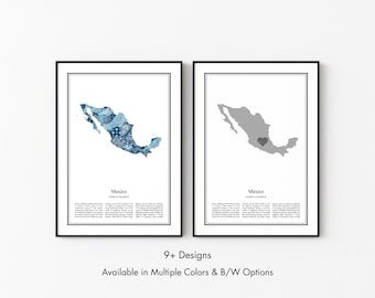 Mexico Map Poster, Minimalist Wall Art Print in Black & White or Color, Modern Travel Map Home Decor Gift