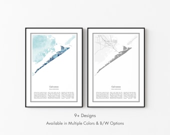 Galveston Texas Map Poster, Minimalist Wall Art Print in Black & White or Color, Modern Travel Map Home Decor Gift