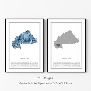 Burkina Faso Map Poster, Minimalist Wall Art Print in Black & White or Color, Modern Travel Map Home Decor Gift