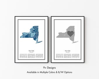New York US State Map Poster, Minimalist New York USA Wall Art Print in Black & White or Color, Modern Travel Map Home Decor Gift