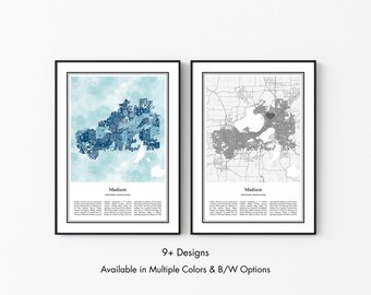 Madison Wisconsin Map Poster, Minimalist Wall Art Print in Black & White or Color, Modern Travel Map Home Decor Gift