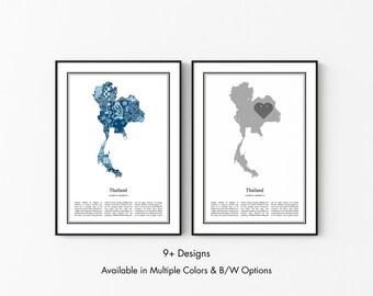 Thailand Map Poster, Minimalist Wall Art Print in Black & White or Color, Modern Travel Map Home Decor Gift