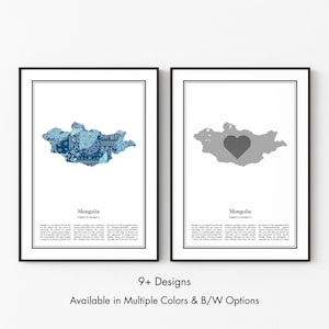 Mongolia Map Poster, Minimalist Wall Art Print in Black & White or Color, Modern Travel Map Home Decor Gift