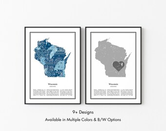Wisconsin US State Map Poster, Minimalist Wisconsin USA Wall Art Print in Black & White or Color, Modern Travel Map Home Decor Gift