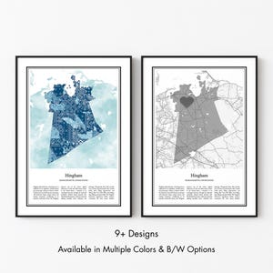 May include: Two framed wall art prints featuring maps of Hingham, Massachusetts. The left print displays a blue patterned map on a light blue watercolor background. The right print shows a grey map with a heart icon. Both include text descriptions.