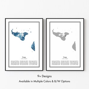 May include: Two framed wall art prints featuring maps of Tonga. The left print displays the islands in blue with intricate patterns, while the right print shows them in solid grey. Both include the text Tonga, coordinates, and descriptive paragraphs.