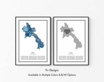 Laos Map Poster, Minimalist Wall Art Print in Black & White or Color, Modern Travel Map Home Decor Gift