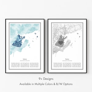 Affiche de carte de Salem dans le Massachusetts, impression d&#39;art mural minimaliste en noir et blanc ou en couleur, cadeau de décoration d&#39;intérieur de carte de voyage moderne