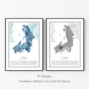 Newport Rhode Island Map Poster, Minimalist Wall Art Print in Black & White or Color, Modern Travel Map Home Decor Gift