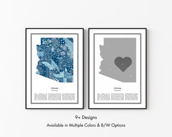 Arizona US State Map Poster, Minimalist Arizona USA Wall Art Print in Black & White or Color, Modern Travel Map Home Decor Gift