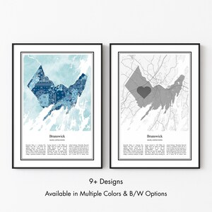 Brunswick Maine Map Poster, Minimalist Wall Art Print in Black & White or Color, Modern Travel Map Home Decor Gift