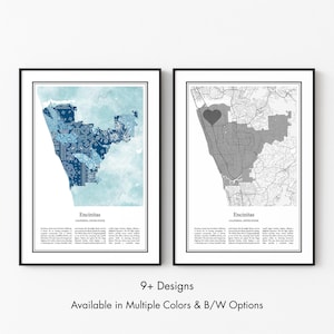 Encinitas California Map Poster, Minimalist Wall Art Print in Black & White or Color, Modern Travel Map Home Decor Gift