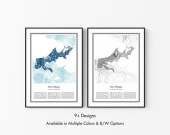New Orleans Louisiana Map Poster, Minimalist Wall Art Print in Black & White or Color, Modern Travel Map Home Decor Gift