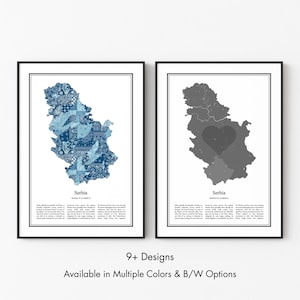 Serbia Map Poster, Minimalist Wall Art Print in Black & White or Color, Modern Travel Map Home Decor Gift