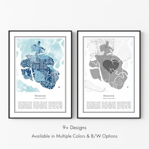 Brunswick Georgia Map Poster, Minimalist Wall Art Print in Black & White or Color, Modern Travel Map Home Decor Gift