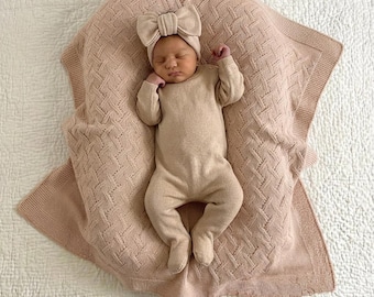 Baby Haarband aus Bio-Baumwolle Beige | Schleife | 0–6 Monate | Neugeborenen Stirnband | Baby Geschenk Mädchen