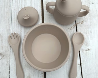 Silicone Baby Dinner Set Brown | 6-Piece Baby Dinner Set | Baby&#39;s First Dinnerware | Silicone Dining Set | Silicone Set for Babies