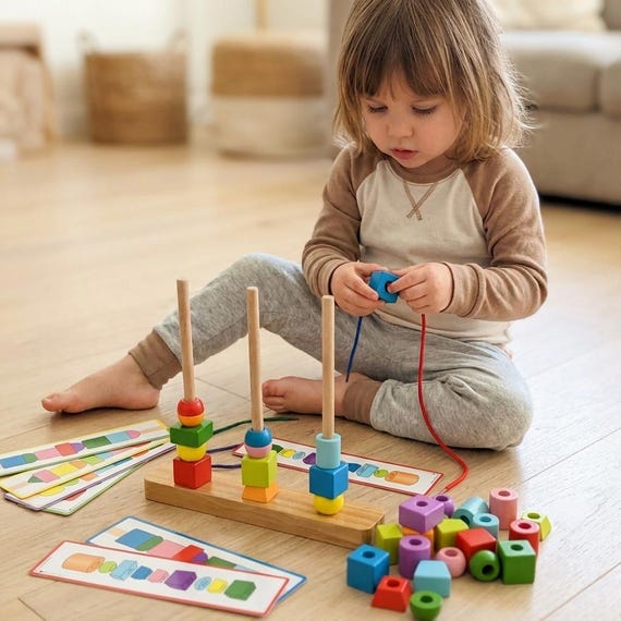 POPOLIC Lernspielzeug Montessori Motorikspielzeug für Kinder,Lernspielzeug 2 in 1 Fädelspiel (1-St., Lernspielzeug 48 STK Fädelspiel mit 6 Themen), Holzpuzzle,Kinderspielzeug Motorikspielzeug, Geschenk Mädchen Junge