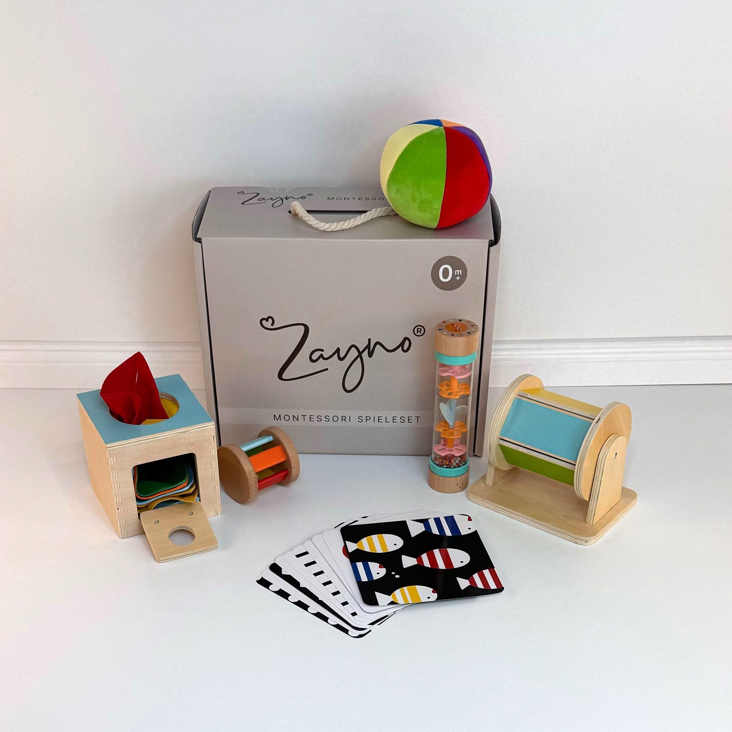 Coffret éveil Montessori Ptiboubou – 6 Jouets Bois Nature + Cartes Noir/blanc + Panier Coton – Cadeau Naissance