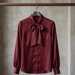 Könnte beinhalten: Burgunderfarbene Satinbluse mit großer Schleife am Hals, langen Ärmeln und Knopfleiste. Die Bluse hängt an einem Kleiderbügel vor neutralem Hintergrund. Der Stoff hat einen leichten Glanz.