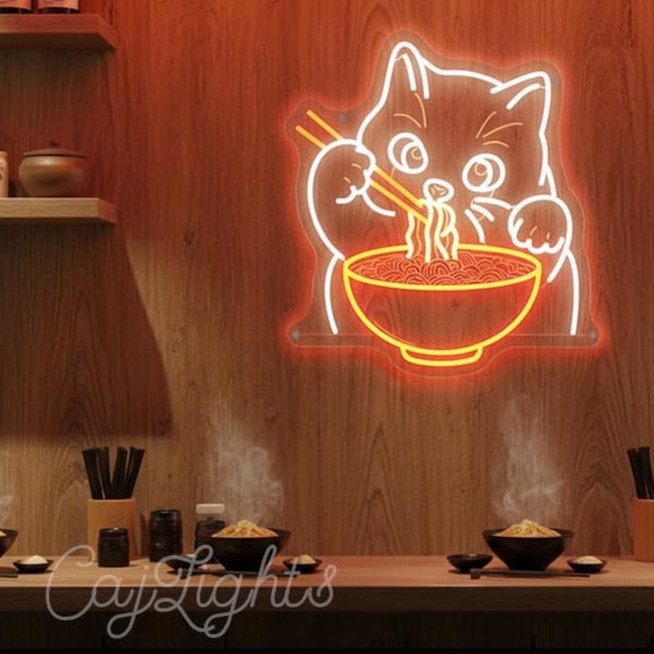 Noodle Cat Neon Sign: Kawaii Ramen Anime Decor, Kid's Room Light