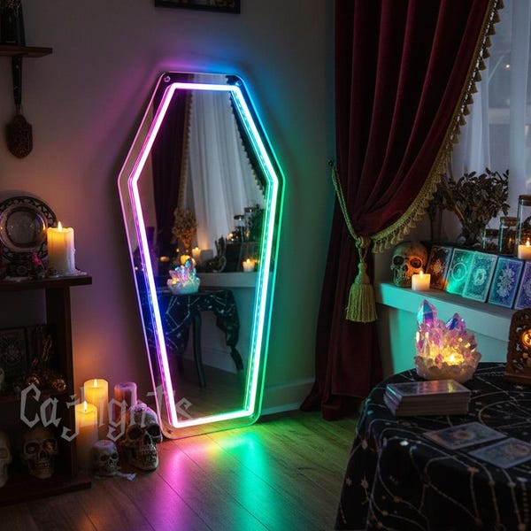 Multicolor Coffin Mirror Neon Sign: Goth Room Decor