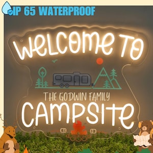 Placa de neon para área externa - [Bem-vindo ao nosso acampamento], placa de neon para acampamento personalizada, decoração de nome personalizado para trailer, decoração de trailer à prova d'água