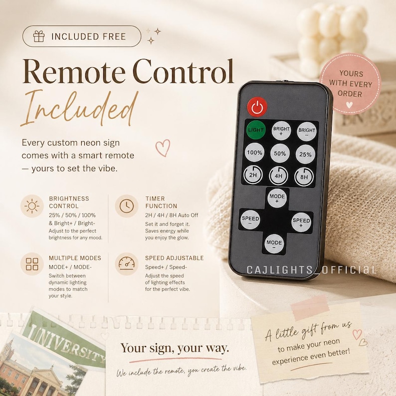 May include: A black rectangular remote control for neon signs featuring a red power button, a green light button, brightness adjustment buttons labeled 25%, 50%, 100%, timer buttons for 2H, 4H, 8H, and speed and mode control buttons with plus and minus signs.