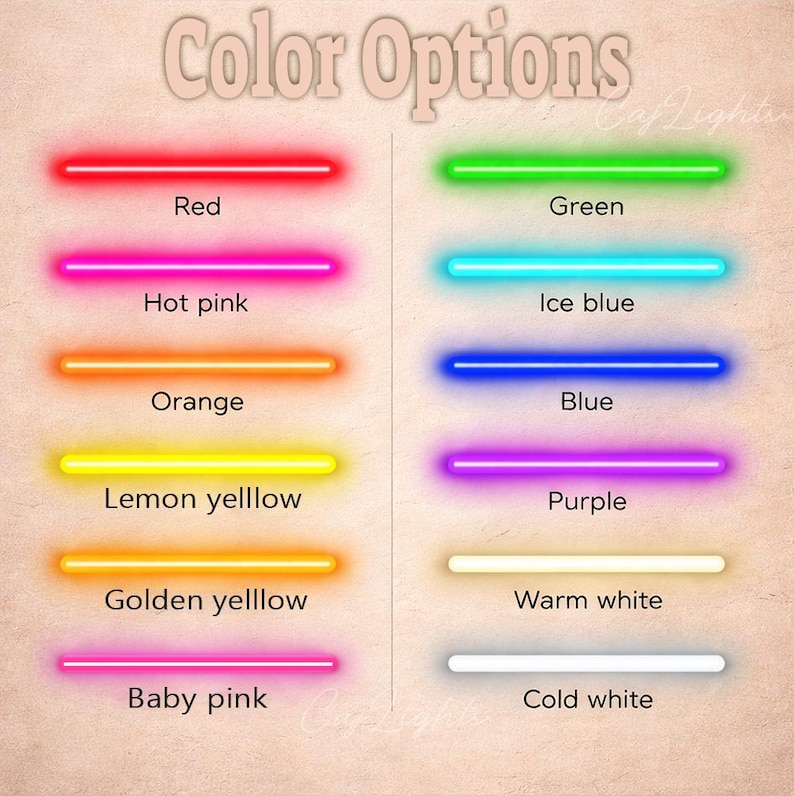 May include: A color chart titled Color Options displaying twelve horizontal neon light bars in various hues including red, hot pink, orange, lemon yellow, golden yellow, baby pink, green, ice blue, blue, purple, warm white, and cold white.