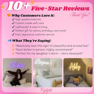 May include: A pink promotional graphic featuring the text 10+ Five-Star Reviews, Why Customers Love It, and What They're Saying. It displays three photos of custom neon name signs reading Olivia, Benjamin, and Abby mounted above beds.