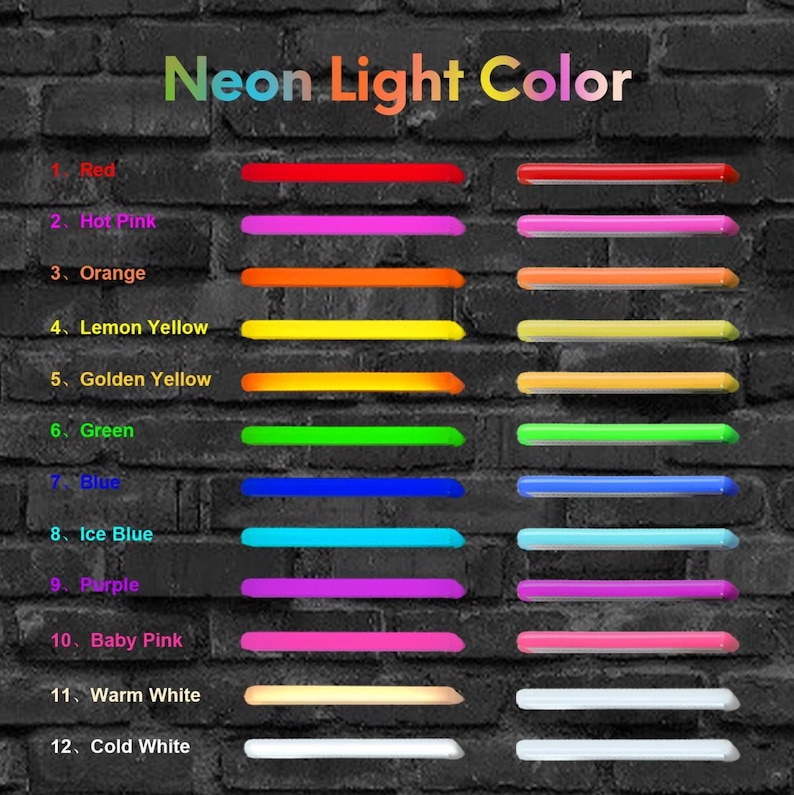 May include: A color chart displaying neon light colors against a dark brick wall. The chart includes 12 colors: red, hot pink, orange, lemon yellow, golden yellow, green, blue, ice blue, purple, baby pink, warm white, and cold white.