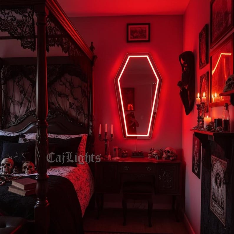 May include: A red-lit bedroom with a coffin-shaped mirror, a four-poster bed, and a dark wooden dresser. The room is decorated with skulls, candles, and gothic-style decor. The text "CajLights" is visible on the bed.
