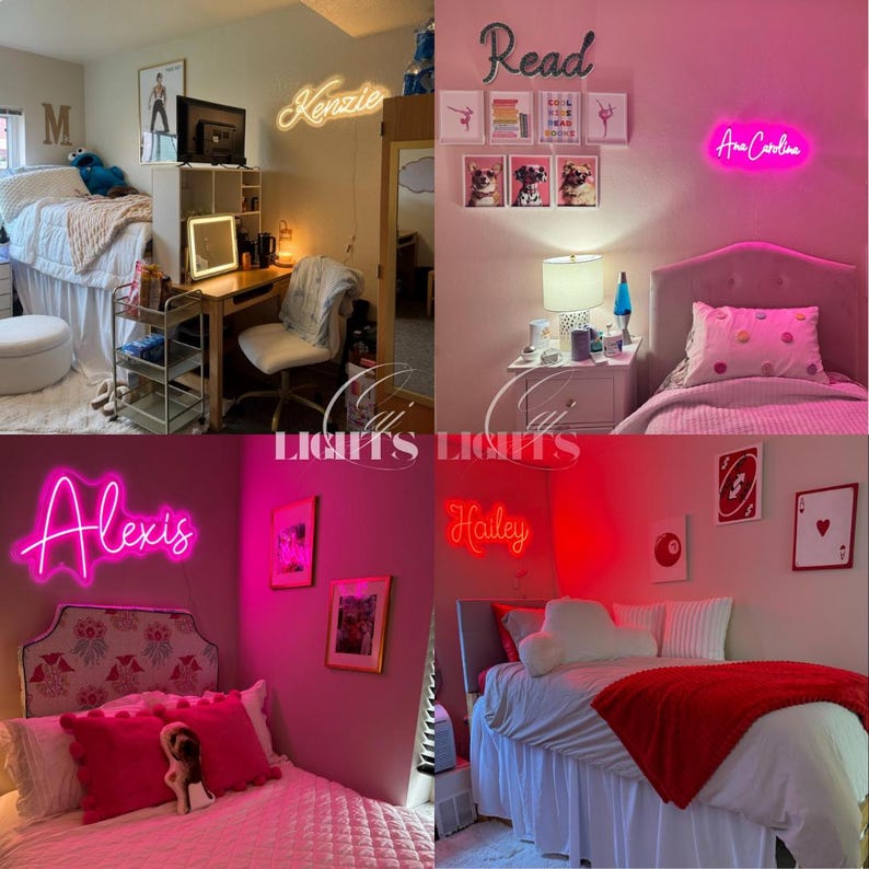 May include: A collection of custom neon name signs displayed in various bedroom settings. The signs feature the names Kenzie, Ana Carolina, Alexis, and Hailey in different colors and cursive fonts, mounted on walls above beds and desks.