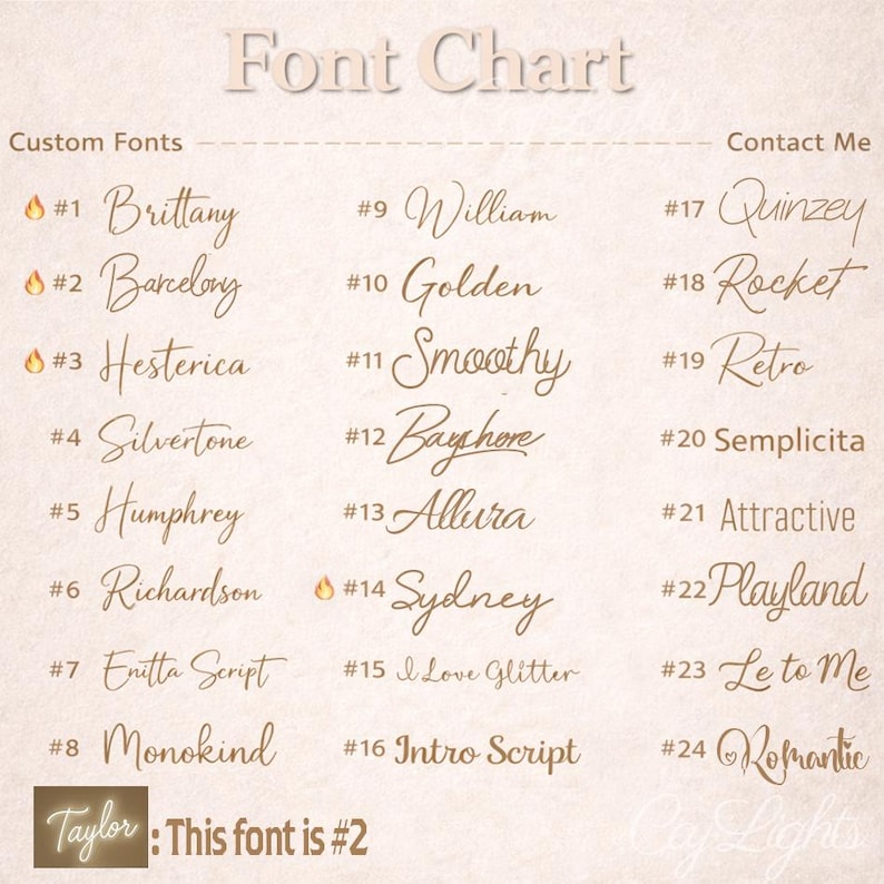 May include: A font chart displaying twenty-four numbered typeface options in brown text on a light beige background. The list includes names like Brittany, Barcelony, Hesterica, and others. A sample text at the bottom reads Taylor: This font is #2.