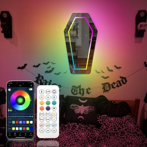 Multicolor LED Coffin Mirror Sign: Goth Room Decor with Music