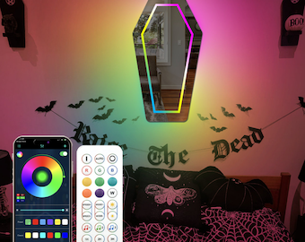 Multicolor LED Coffin Mirror Sign: Goth Room Decor with Music