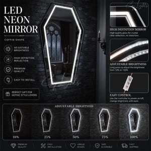May include: LED neon mirror in a coffin shape with adjustable brightness. The mirror features high-definition reflection and is easy to install. The image also shows the mirror's brightness levels from 10% to 100%.