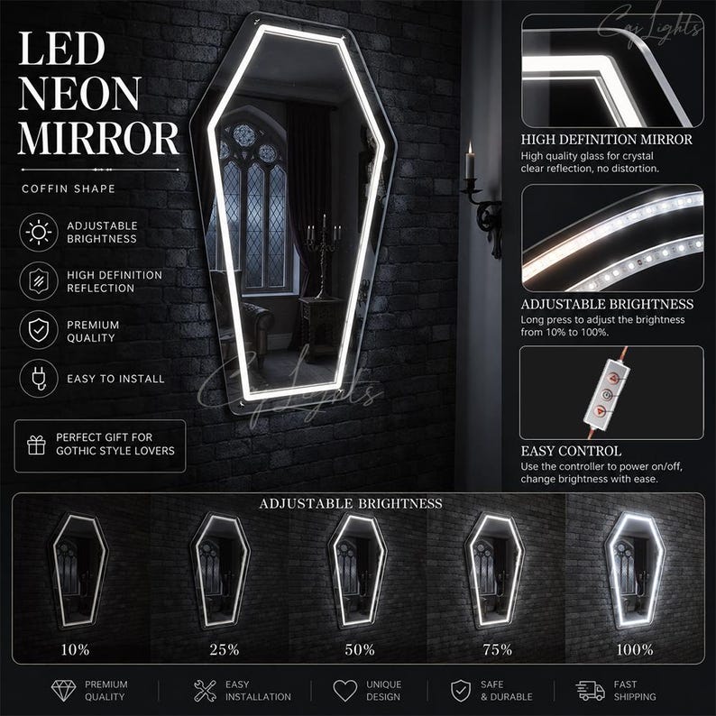 May include: LED neon mirror in a coffin shape with adjustable brightness. The mirror features high-definition reflection and is easy to install. The image also shows the mirror's brightness levels from 10% to 100%.