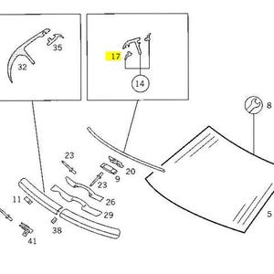 May include: Diagram of automotive parts, including a windshield, wiper components, and various clips and fasteners. The image is a technical illustration with labels and numbers for each part.