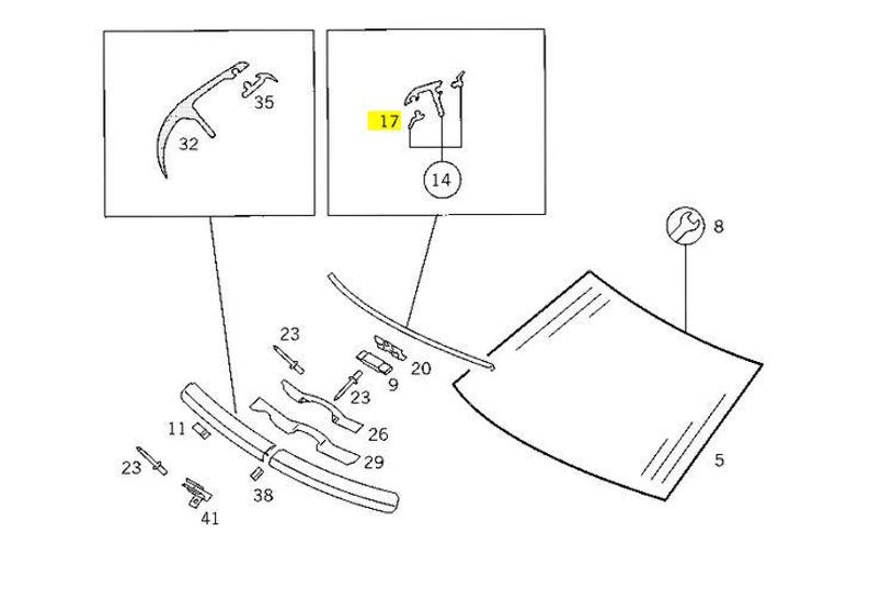 May include: Diagram of automotive parts, including a windshield, wiper components, and various clips and fasteners. The image is a technical illustration with labels and numbers for each part.