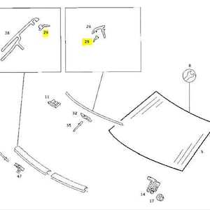 May include: Diagram of automotive parts, including a windshield, various clips, and a wrench. The image is a technical illustration, likely for repair or replacement instructions. The parts are labeled with numbers.