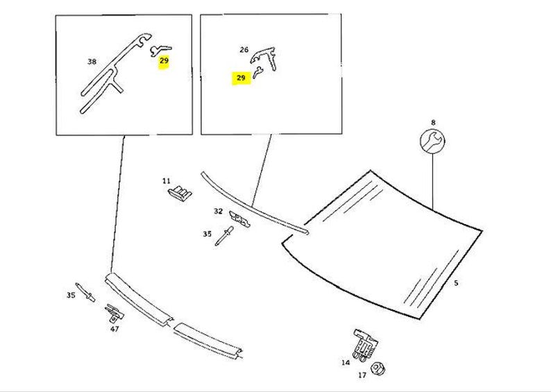 May include: Diagram of automotive parts, including a windshield, various clips, and a wrench. The image is a technical illustration, likely for repair or replacement instructions. The parts are labeled with numbers.