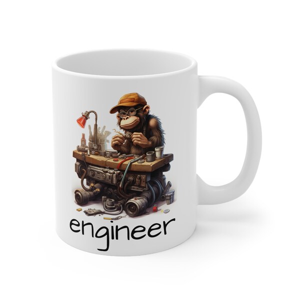 Quirky cartoon Monkey Engineer character 11oz mug for fun sips. Vibrant design adds cheer to mornings. Perfect gift for Engineers.