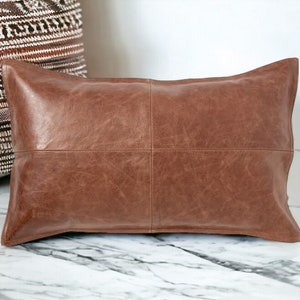 Rustic Charm: Genuine Lambskin Leather Pillow Cover in Antique Brown for Stylish Home Decor image 2